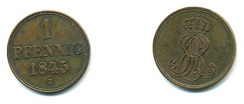 Ганновер 1 пфенниг 1845 B, Эрнст Август (1837-1851) KM 201.1, AKS 129, J. 74 медь 35-816