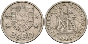 Португалия 2,5 эскудо 1984 парусник KM 590 медно-никель 4152-613
