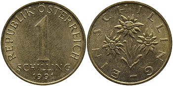 АВСТРИЯ 1 ШИЛЛИНГ 1991 KM 2886 алюминиевая бронза 33-544