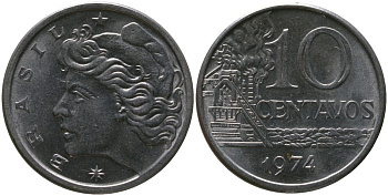 Бразилия 10 сентаво 1974 KM 578.1a, Schon 83b нержавеющая сталь UNC 4577-546