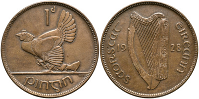 Ирландия 1 пенни 1928 курица с цыплятами KM 3 бронза 4382-612