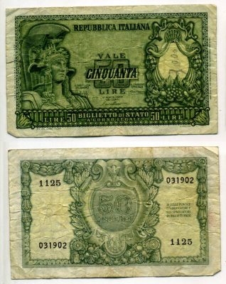 Италия 50 лир 1951 Афина Pick 91a бумага 7457-49-4-1