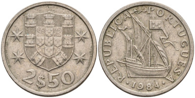Португалия 2,5 эскудо 1984 парусник KM 590 медно-никель 4152-613