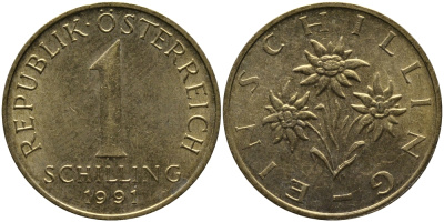 АВСТРИЯ 1 ШИЛЛИНГ 1991 KM 2886 алюминиевая бронза 33-544