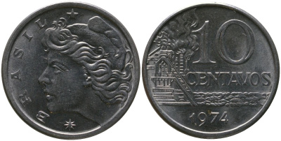 Бразилия 10 сентаво 1974 KM 578.1a, Schon 83b нержавеющая сталь UNC 4577-546