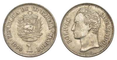 Венесуэла 1 боливар 1990 Симон Боливар, толстый шрифт Y 52a.2 сталь плакированная никелем 4591-1052