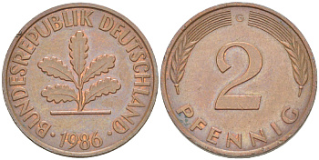 ФРГ 2 ПФЕННИГА 1986 G KM 106а, J. 381а сталь плакированная сталь плакированная медьюю 4181-849