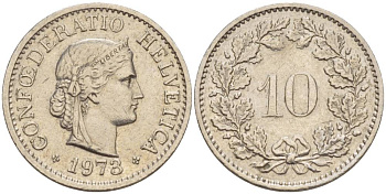 Швейцария 10 раппенов 1973 KM 27 медно-никель 4528-631