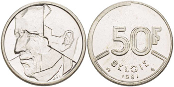 БЕЛЬГИЯ 50 ФРАНКОВ 1991 BELGIE, БОДУЭН I (1951-1993) KM 169 никель 4385-1031