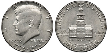 США 50 центов = 1/2 доллара 1976 200 лет независимости, Джон Кеннеди KM 205 медь плакированная медно-никелем 88-1236