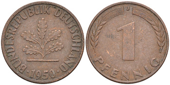 ФРГ 1 пфенниг 1950 J KM 105, J.380 сталь плакированная медью 187-426