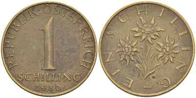 Австрия 1 шиллинг 1980 KM 2886 алюминиевая бронза 4592-1017