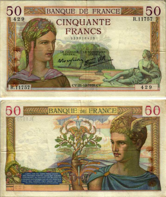 ФРАНЦИЯ 50 ФРАНКОВ 1939 21 ДЕКАБРЯ 1939, СТЕПЛЕР Pick 85b бумага VF 8607-66-1