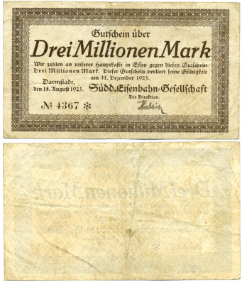 ДАРМШТАДТ, ГЕРМАНИЯ 3000000 МАРОК (3 МИЛЛИОНА МАРОК) 1923 14 АВГУСТА 1923 - 31 ДЕКАБРЯ 1923, НОТГЕЛЬД, ЗЕМЛЯ ГЕССЕН, SUDD. EISENBAHN-GESELLSCHAFT (ЖЕЛЕЗНОДОРОЖНЫЕ КОМПАНИИ) Keller 958 бумага 8613-28-1-2
