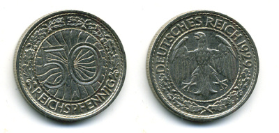 Германия 50 рейхспфеннигов 1929 А KM 49, J. 324 никель 58-542