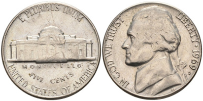 США 5 центов 1969 D, Джефферсон KM А192 медно-никель 92-1143