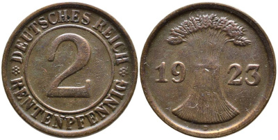 ГЕРМАНИЯ 2 РЕНТЕНПФЕННИГА 1923 D, ВЕЙМАРСКАЯ РЕСПУБЛИКА (1919-1933) KM 31, Jager 307, Weege 3 бронза 4546-752