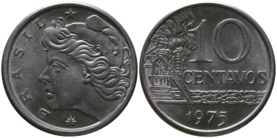 Бразилия 10 сентаво 1975 KM 578.1a, Schon 83b нержавеющая сталь UNC 4577-547
