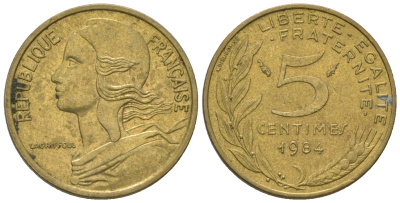 Франция 5 сантимов 1984 тип Марианна KM 933 медь алюминий никель 4668-1222