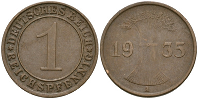 Германия 1 рейхспфенниг 1935 A KM 37, J. 313 бронза 4189-1266