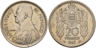 Монако 20 франков 1947 Луи II (1922-1949) KM 124 медно-никель    4599-424