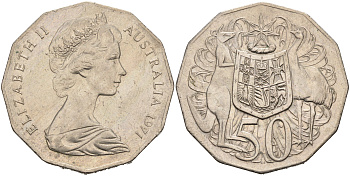 Австралия 50 центов 1971 Елизавета II (1952-2022), герб Австралии, кенгуру KM 68 медно-никель 4565-842