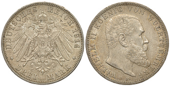 Вюртемберг 3 марки 1914 F, Вильгельм II (1891-1918) Weege 171, J. 175, KM 635 серебро 413-5533