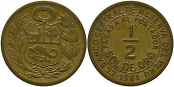 Перу 1/2 соль 1964 KM 220.5, Schon 23 латунь 4539-454