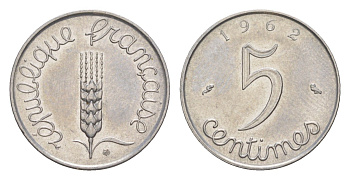 Франция 5 сантимов 1962 KM 927 нержавеющая сталь 4174-243