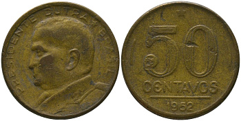 Бразилия 50 сентаво 1952 Эурику Дутра KM 563, Schon 68 алюминиевая бронза 4575-1244