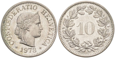 Швейцария 10 раппенов 1973 KM 27 медно-никель 55-451