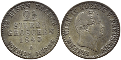 ПРУССИЯ 2 1/2 ГРОША 1843 А KM 444 серебро 177-1254