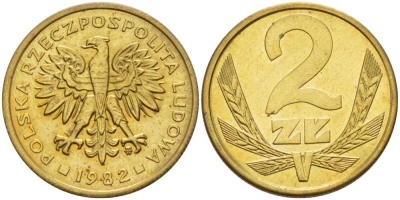 ПОЛЬША 2 ЗЛОТЫХ 1982 MW KM 80.1 латунь UNC 65-135