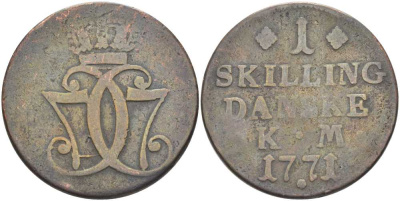 ДАНИЯ 1 СКИЛЛИНГ 1771 КМ, КРИСТИАН VII (1766-1808) KM 616 (С47) медь 111-1042