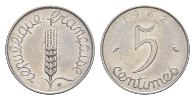 Франция 5 сантимов 1962 KM 927 нержавеющая сталь 4174-243