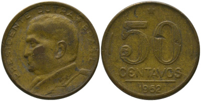 Бразилия 50 сентаво 1952 Эурику Дутра KM 563, Schon 68 алюминиевая бронза 4575-1244