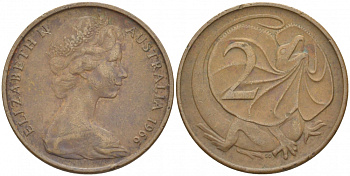 Австралия 2 цента 1966 Елизавета II (1952-), плащеносная ящерица KM 63 бронза 4539-937
