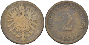 ГЕРМАНИЯ 2 ПФЕННИГА 1875 D, СТАРОГЕРБОВКА KM 2, J. 2, Weege 3 медь 212-543