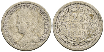Нидерланды 25 центов 1919 Вильгельмина I (1890-1948) KM 146 серебро 4609-767
