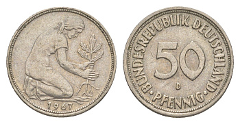 ФРГ 50 пфеннигов 1967 D KM 109.1, J. 384 медно-никель 4636-1057