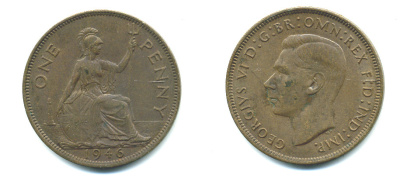 Великобритания 1 пенни 1946 Георг VI (1936-1952) KM 845, Spink 4114 бронза 4383-725