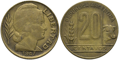 Аргентина 20 сентаво 1947 KM 42 алюминиевая бронза 4579-757