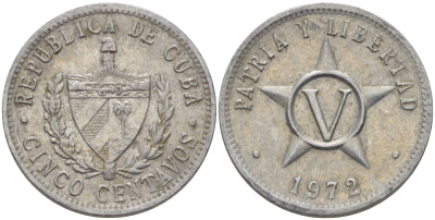 Куба 5 сентаво 1972 звезда, вторая республика (1962- ) KM 34 алюминий 67-1053
