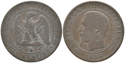 Франция 10 сантимов 1856 B, Наполеон III (1852-1870) KM 771.2, Le Franc 133.33 бронза 54-1433
