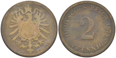 ГЕРМАНИЯ 2 ПФЕННИГА 1875 D, СТАРОГЕРБОВКА KM 2, J. 2, Weege 3 медь 212-543
