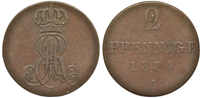 Ганновер 2 пфеннига 1839 A, Эрнст Август (1837-1851) KM 174.1, AKS 122, J. 55 медь 75-757