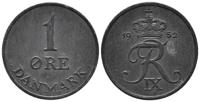 ДАНИЯ 1 ЭРЕ 1952 N; S, ФРЕДЕРИК IX (1947-1972) KM 839.1 цинк 66-159