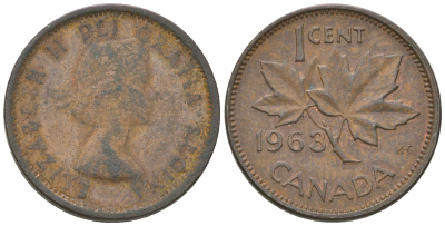 Канада 1 цент 1963 Елизавета II (1952-2022), кленовый лист KM 49 бронза 4164-622