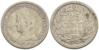 Нидерланды 25 центов 1919 Вильгельмина I (1890-1948) KM 146 серебро 4609-767