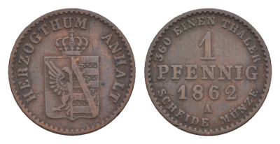 Ангальт-Бернбург 1 пфенниг 1862 A, Александр Карл (1834-1863) KM 96, AKS 28, J. 67 медь 4625-119